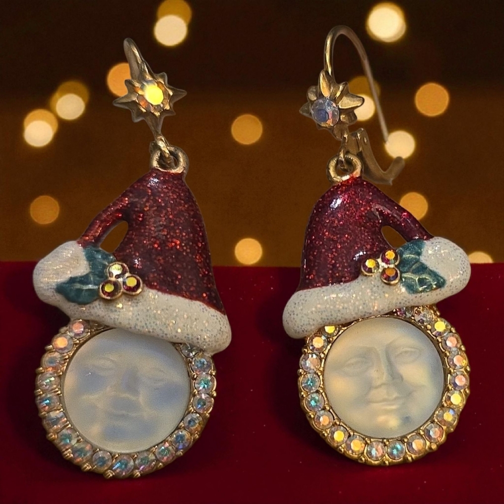 Vintage Kirks Folly Red and White Christmas‎ Moon Earrings